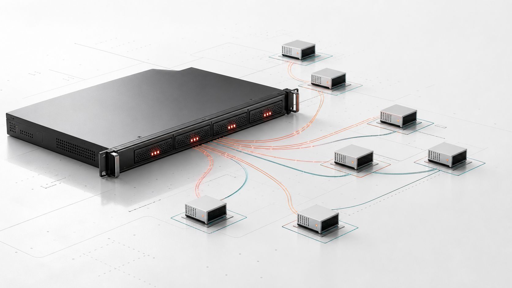 A matte rack appliance with orange VM status cells connected to a precise control-plane topology.