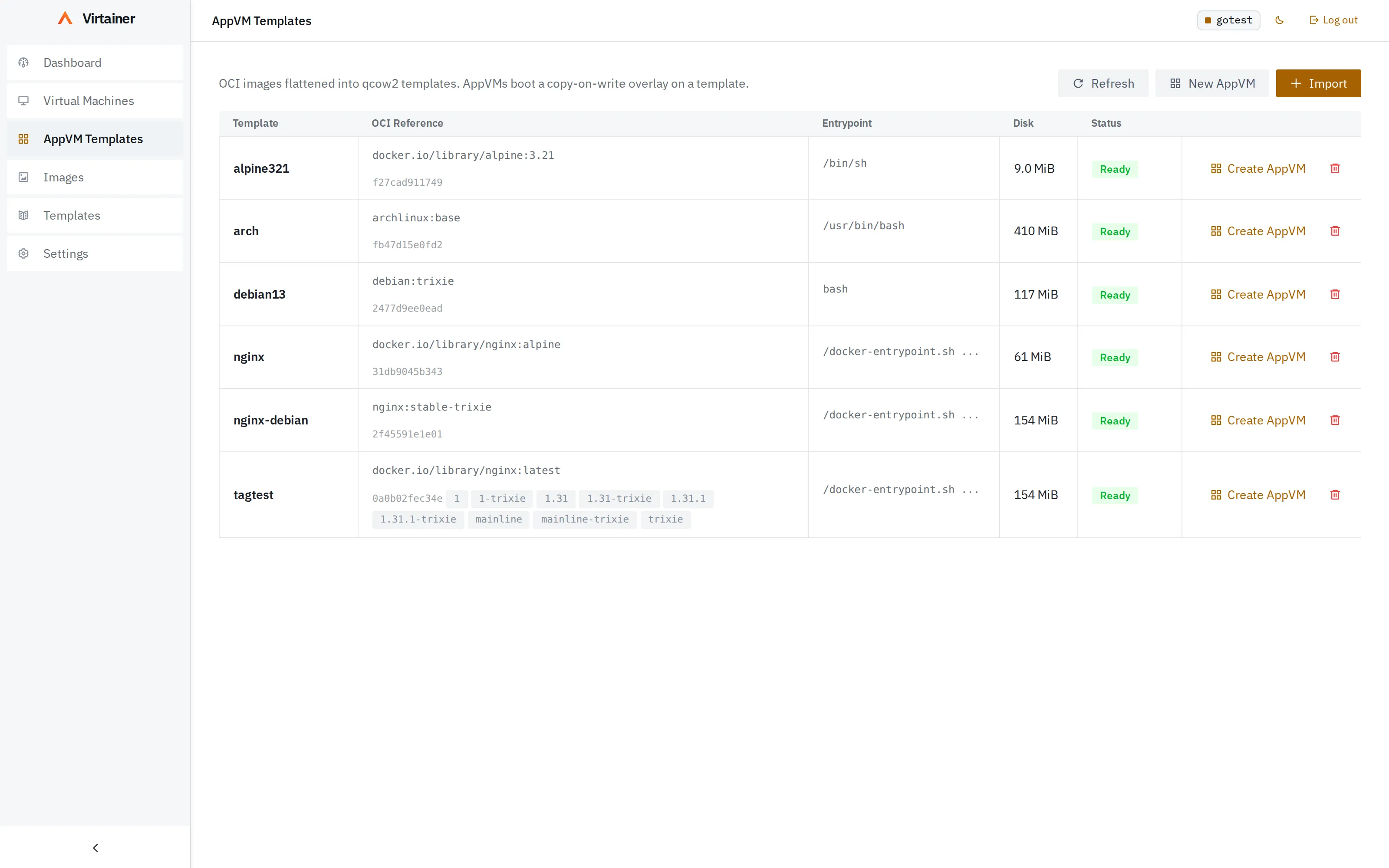 The AppVM templates page in the Lite WebUI listing OCI references like docker.io/library/nginx:alpine flattened into ready qcow2 templates.